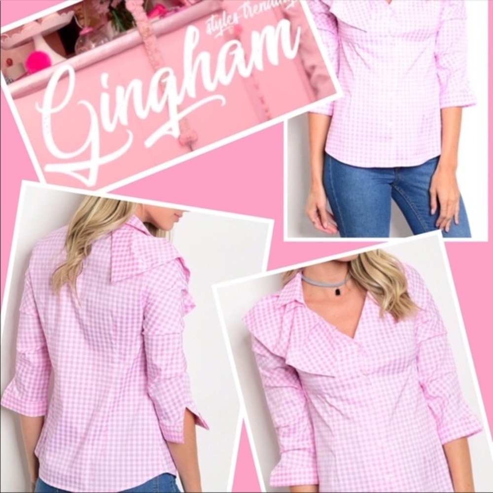 Pink and White Checked Top with Side Collar Ruffle-New‎